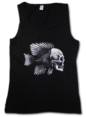 FISH SKULL DAMEN TANK TOP Fishing Fisher Rod Pole Bone Hunting Sea and Line