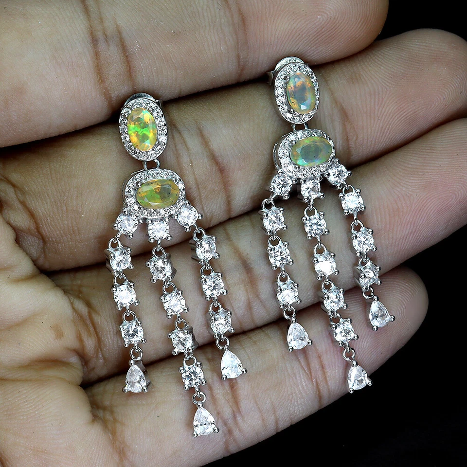 Pendientes de plata de ley 925 ovalados ópalo de fuego 6x4 mm joyas de piedras preciosas naturales Foto 2 de 4