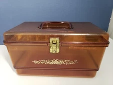 Vintage Amber Plastic Sewing Box W Tray Embossed Front -Cracks 11" Long