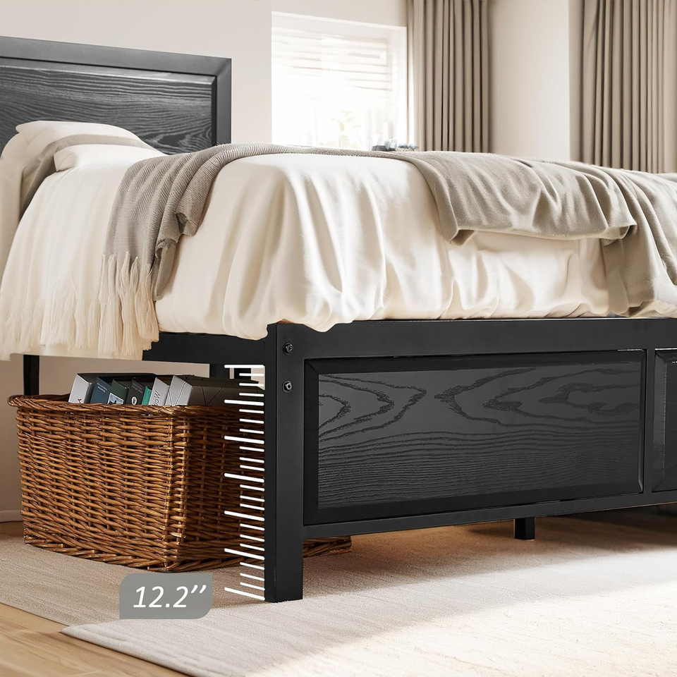 Bed Frame Queen Size with Black Wood Headboard, Mattress Foundation Platform, St eBay