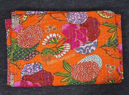 Floral printed kantha quilt boho bedding indian quilt handmade blanket - Picture 29 of 56