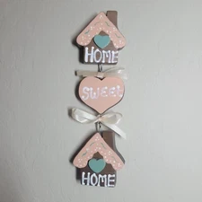 Vintage Wooden Home Sweet Home 3 Piece Wall Hanging House Heart Pink Cottage