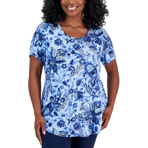 JM Collection Plus Size Bloom Print Short-Sleeve Top – Navy, Size - 1X - Picture 1 of 5