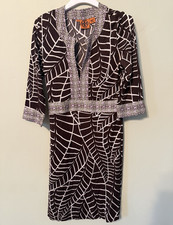 Tory Burch Brown White Geometric V-Neck Wrap Dress 3/4 Sleeve Knee S Silk