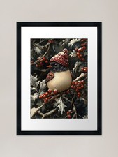 Robin in Snowy Holly with Santa Hat Framed Wall Art Poster Canvas Print Picture