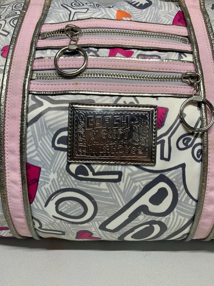 Coach Poppy Graffiti Glam Hearts Y2K Silver Leather Trim Tote Bag #14635 - Image 2 of 4