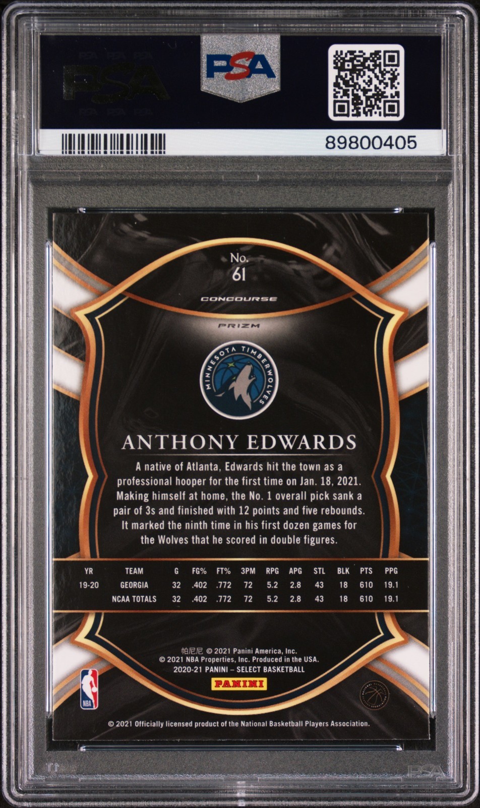 2020-21 Panini Select Red White Green Cracked Ice #61 Anthony Edwards(RC) PSA 10 view 2