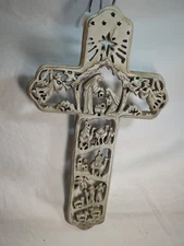 Nativity Scrolled Cross 12" X 7" Wall Hanging Christmas Heavy Plastic Or Resin 