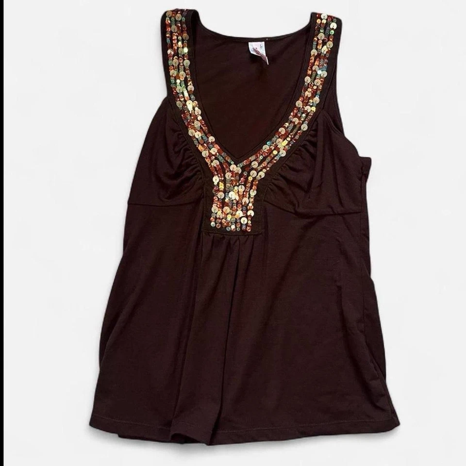 Camiseta sin mangas Babydoll marrón años 2000 Y2K lentejuelas cuello en V hada grunge vintage talla grande Foto 2 de 4