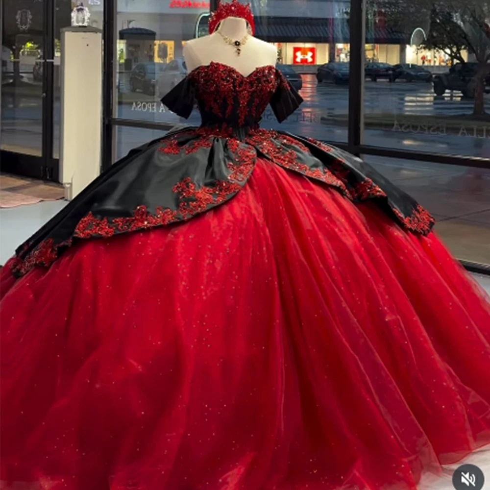 knee length dresses for ladies Beautiful Red Off Shoulder Long Sweet 16 Dress with Gold Lace Top, Par –  Cutedressy main image 0