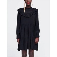 ZARA women's Boho Swiss dot mini dress black US M long  sleeve Viscose tiered