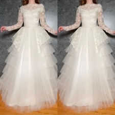White Tulle Tiered Wedding Dresses Victorian Long Sleeves A Line Bridal Gowns