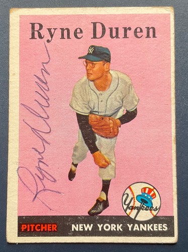 1958 TOPPS BASEBALL #296 RYNE DUREN HAND SIGNED CARD AUTO ROOKIE