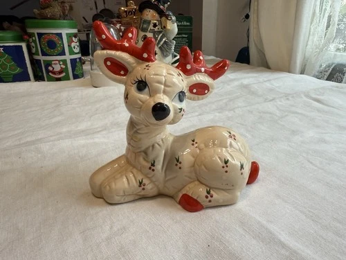 Kimple Christmas Ceramic Reindeer Quilted Pattern Hand Painted Figurine Vintage
