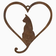 Rustic Tin Ornament Decoration - Cat Sitting inside Heart  looking to side 