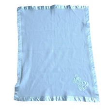 Vintage Quiltex Blue Baby Blanket Satin Trim Applique Teddy Bear 35 X 43