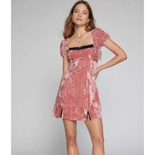 Kimchi Blue Pink Crushed Velvet Lace Trim Open Tie Back Mini Dress Coquete M