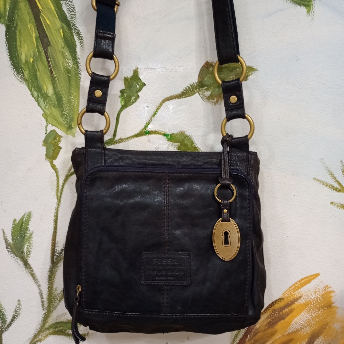 Vintage 1954 Fossil Black Lamb Leather Crossbody Boho Bag Key