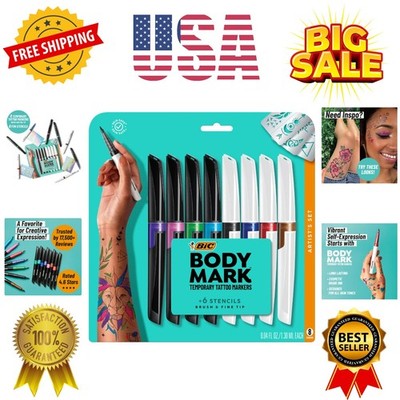 Temporary Tattoo Markers for Skin, Artist's Set, Mixed Tip, 8-Count Pack of A...