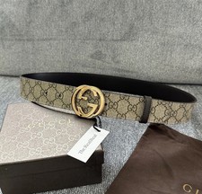 Autentica cintura Gucci beige e marrone monogramma GG, misura 30-32 (90 cm)