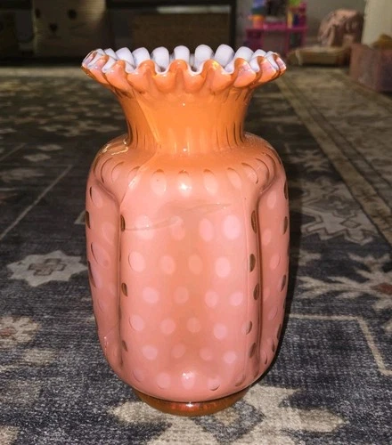 MCM Fenton Pinkish Coral Cased Pinched Bubble Optic Vase Cracked
