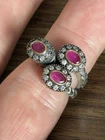 Vintage Unique 925 Sterling Silver Floral Ruby CZ Gemstone Ring Sz7, 7.7g
