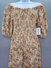 Anthropologie Kindred 3X Tan Floral Maxi Dress Smocked Off the Shoulder Ruffle