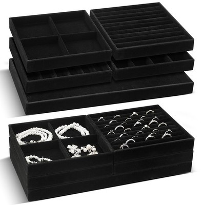 Cinnvoice Set of 10 Stackable Jewelry Organizer Trays for Drawer 14 Inch Velv...