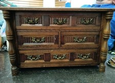 Vintage Wooden Music Box Chest with Drawers and Ornate Handles