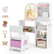 Kids Vanity Set Princess Girls Makeup Vanity Desk w/ 3-Color LED Lighted Mirror
