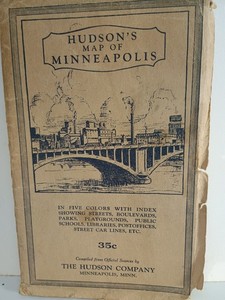 1920 HUDSON'S Map of Minneapolis Minnesota - Street Car Lines 5 Colors 35¢