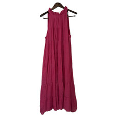 The Mint Womens Midi Dress Large Pink Gauzy Tiered Ruffle Tie Neck Boho Beachy