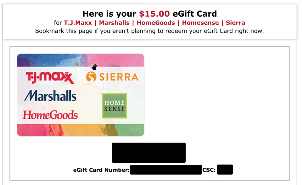 15 Digital eGift Card to TJ Maxx / Marshalls / HomeGoods / Homesense