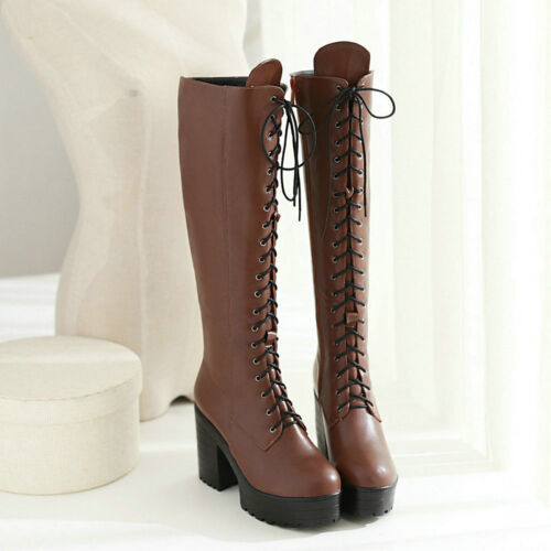 Women's Lace Up Platform Riding Boots Leather Block Heel Knee High Shoes Fashion - Picture 11 of 12