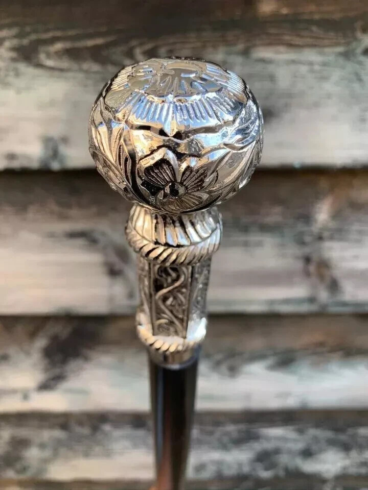 Victorian Walking Stick Solid Brass Chrome Plated… - image 5