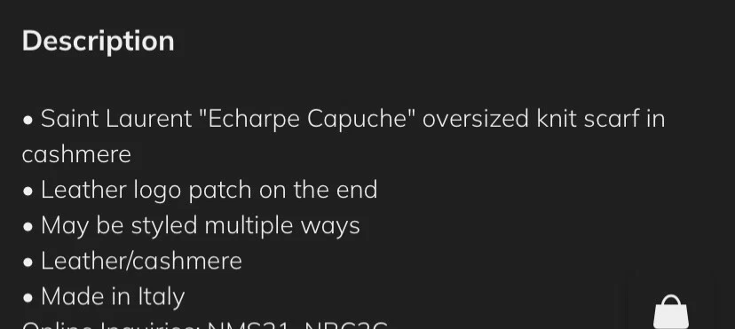 SAINT LAURENT (YSL) Sciarpa con cappuccio SAINT LAURENT nuova con etichetta $1.750. Nieman Marcus Nero 11" L x 71" H