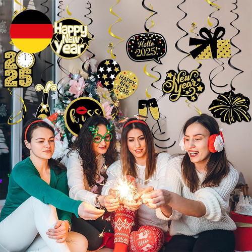 Silvester Deko 2025 Hängende Wirbel,Schwarz Gold Silvester Deko Spiralen Luftsch - Bild 5 von 7