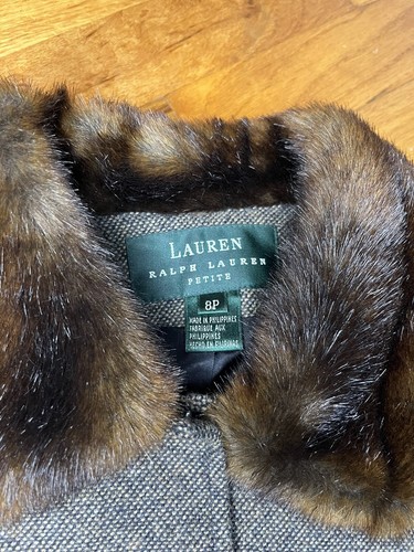 90s Ralph Lauren Lambs Wool Jacket Suit Womens Petite 8/10 Faux Fur Collar Brown - Picture 4 of 22