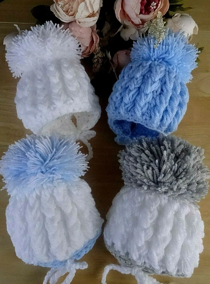 Hand Knitted малыш мальчик девочка белый синий серый крючком помпон шапка галстуки NB-0-3-6m - Изображение 2 из 4