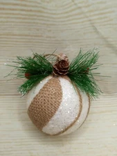 New! 3.5" Glitter & Jute White Christmas Tree Ball Ornament Bauble Farmhouse