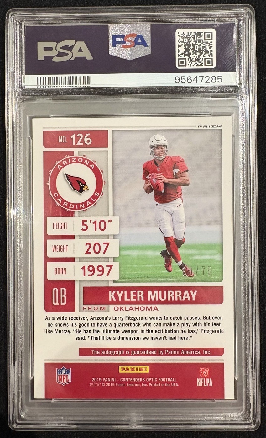 2019 Contenders Optic Kyler Murray Rookie Ticket Blue Auto #126 /75 PSA 9 view 2