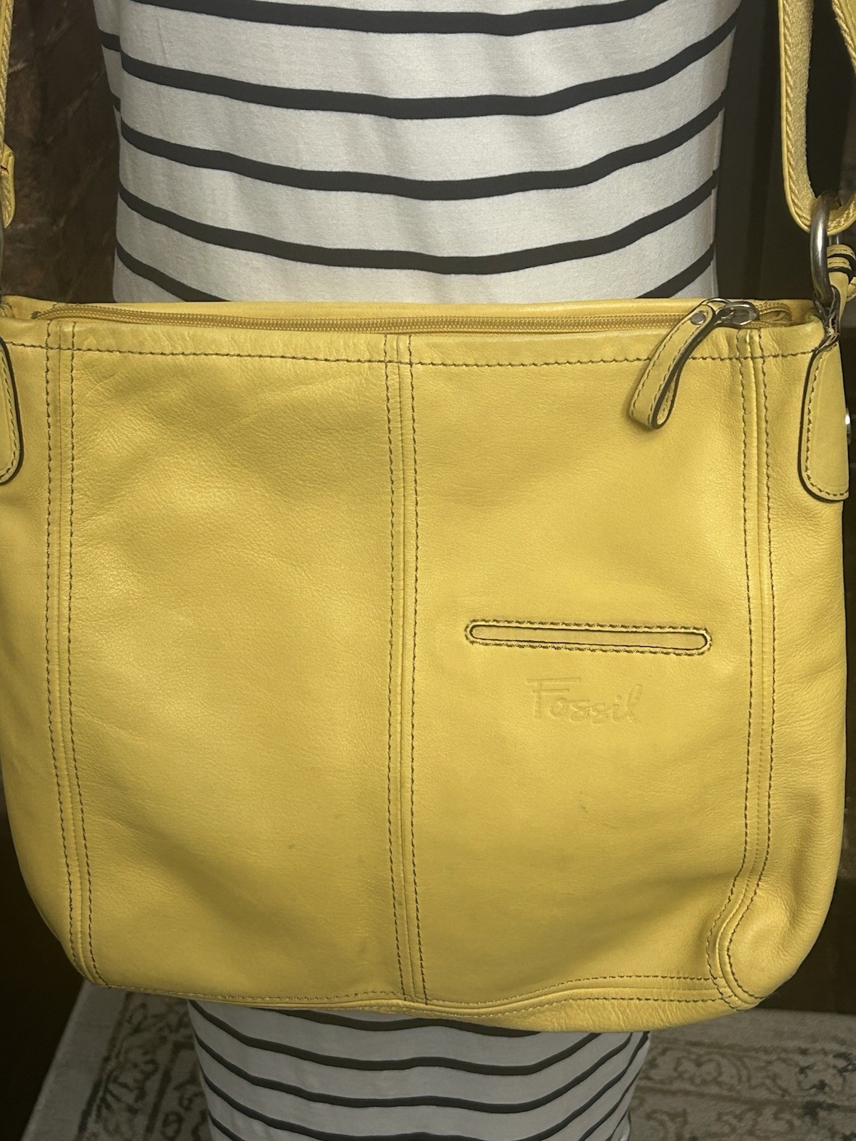 Fossil Yellow Pebbled Leather Messenger Bag Crossbody MultiPocket Utility 103013 image 8