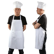 Chef Apron Set Chef Hat and Kitchen Apron Adult Adjustable White Apron Baker ...