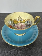 Aynsley Cabbage Rose Tea Cup & Saucer Gold and Turquoise Signed JA Bailey
