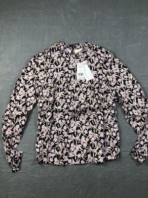 Boden Blouse Womens 8 Multicolor High Neck Long Sleeve Floral Ruffle Woven Top