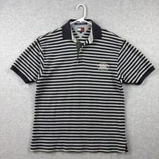 Vintage Tommy Hilfiger Polo Shirt Mens Small Gray Blue Striped Knit Cotton Y2K