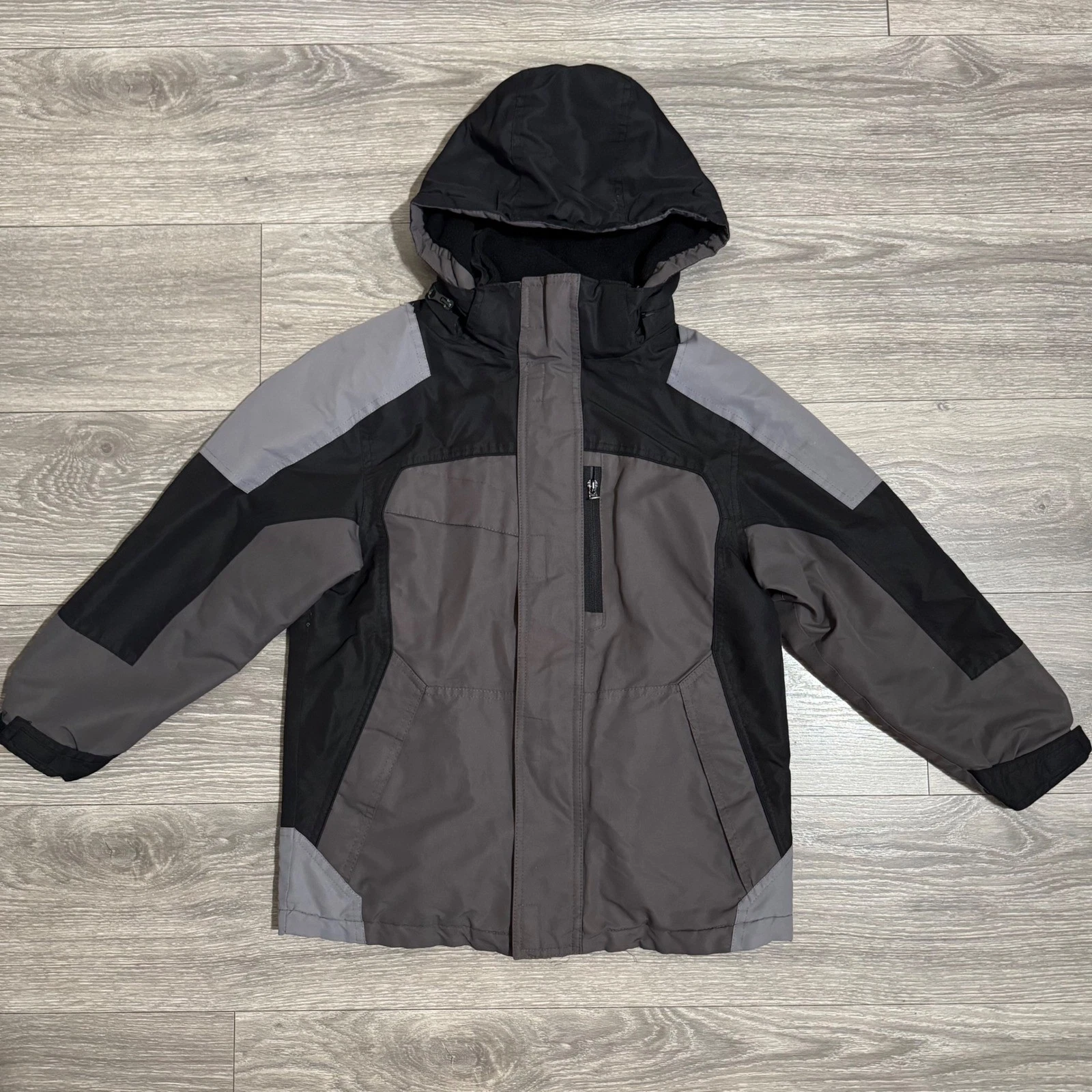Protection System Boys Hooded Winter Jacket Black Grey Colorblock Size M 8/10