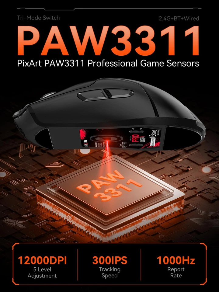 Wireless Gaming Mouse, PAW3311 Sensor, 12,000 DPI, 1,000Hz, Tri Mode (2.4G/Bl... - Image 2 of 4