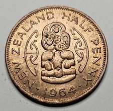 1964 New Zealand Half 1/2 Penny - Bronze Coin - Mintage 2,885,000 - World Coin
