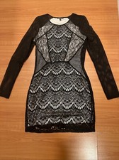 Express Black Beige Lace Crochet Mesh Bodycon Long Sleeve Dress Witchycore Small